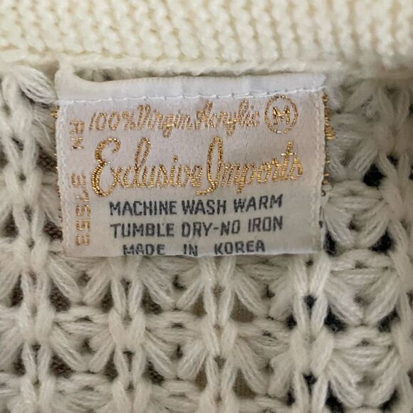 Vintage 80s Exclusive Imports Cropped Cardigan Sweater Fisherman Knit Ivory S M - Picture 6 of 7